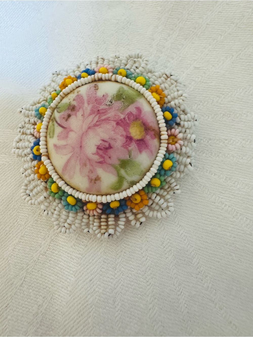 Vintage Handmade Floral Ceramic Beaded Brooch - Pink Flower 1960s